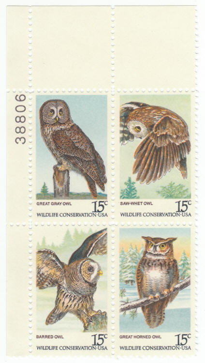 Scott #1760 - 1763 American Owls Plate Block