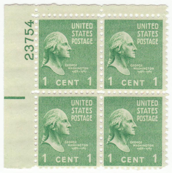 Scott #804 George Washington Definitive Plate Block