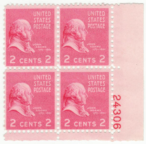 Scott #806 John Adams Definitive Plate Block