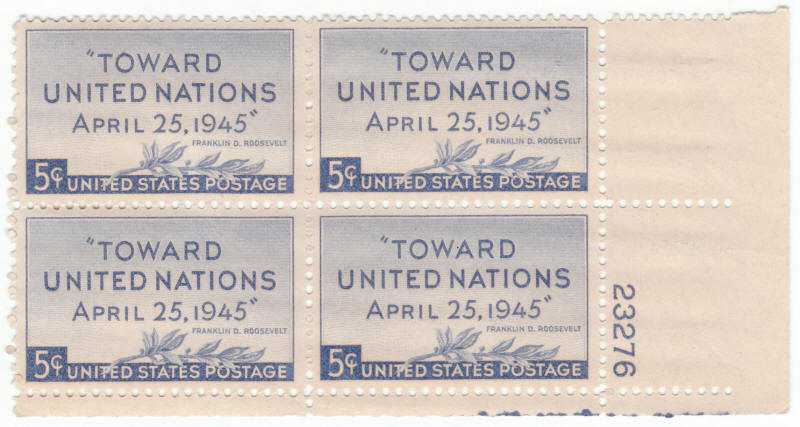 Scott #928 Toward United Nations 1945 Plate Block