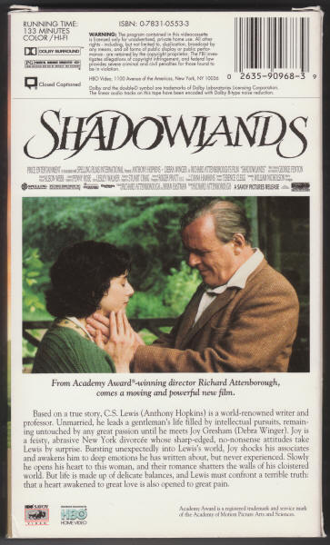 Shadowlands VHS Tape box back