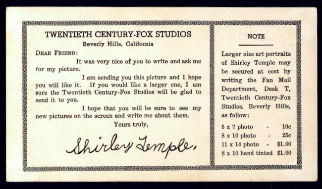 Shirley Temple 1940s Vintage Studio Card back