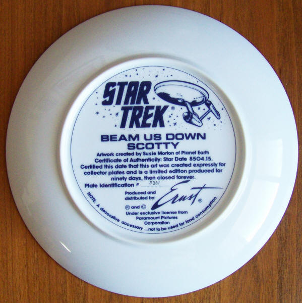 Star Trek Collectors Plate Beam Us Down Scotty back