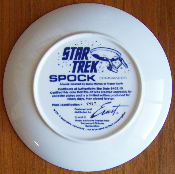 Star Trek Collectors Plate Spock back