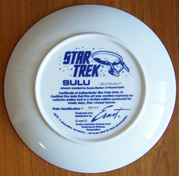 Star Trek Collectors Plate Sulu back