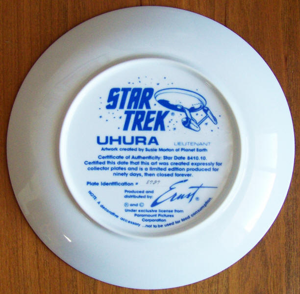 Star Trek Collectors Plate Uhura back