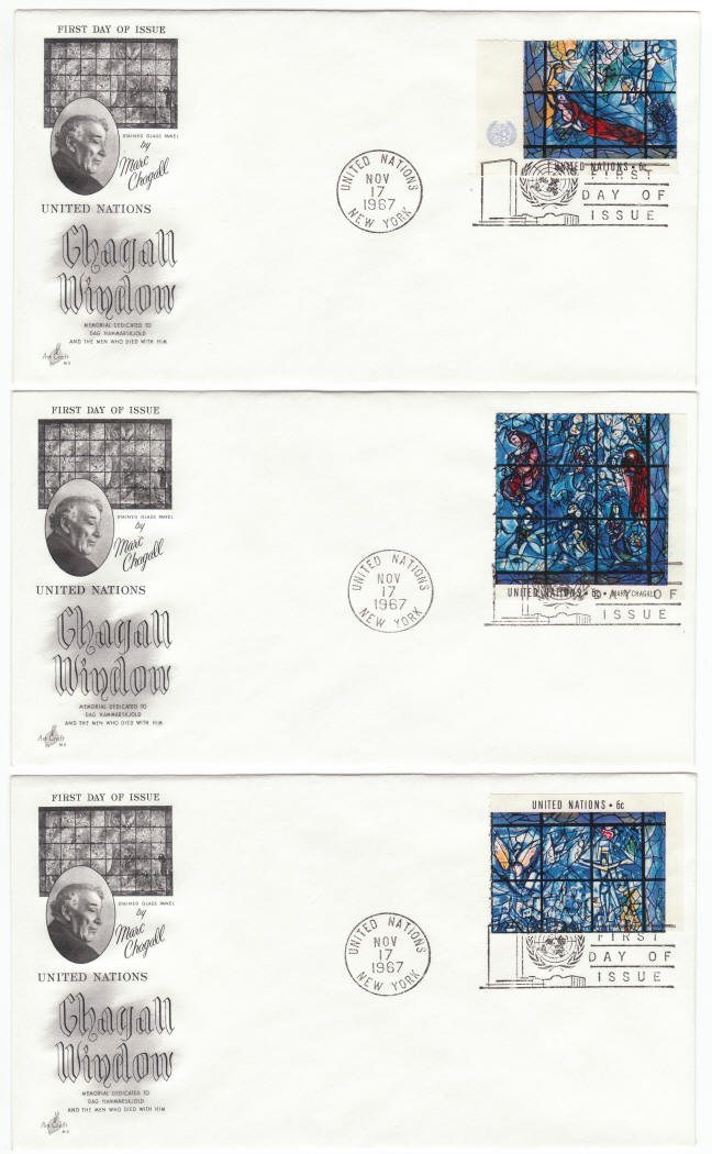 UNNY #179B 179F The Chagall Window Pane Souvenir Sheet First Day Covers