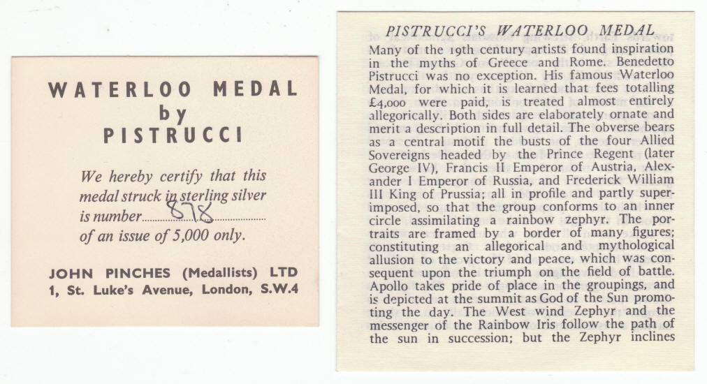 1967 England Waterloo Pistrucci Medal COA