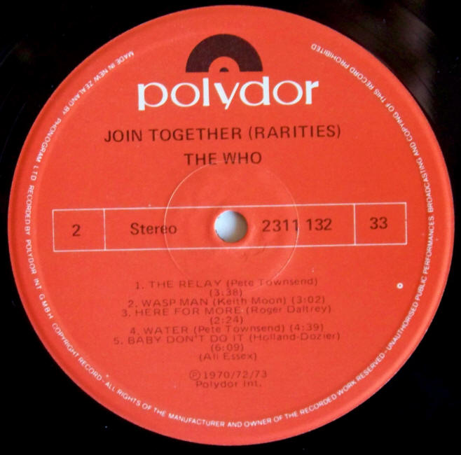 The Who Join Together Rarities Album Side 2 label